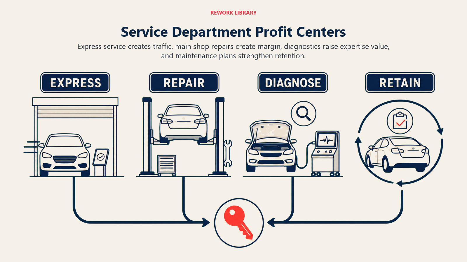 Service department profit centers shown as four distinct bays feeding one customer-value loop