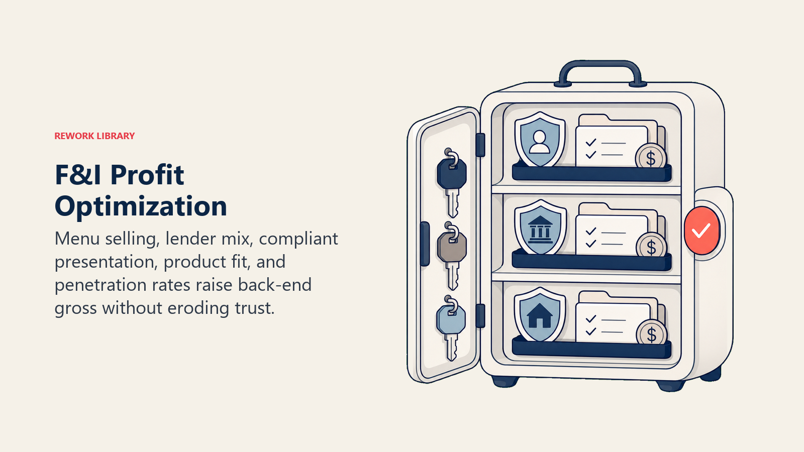 F&I Profit Optimization shown as F&I menu cabinet in a Rework Library editorial illustration