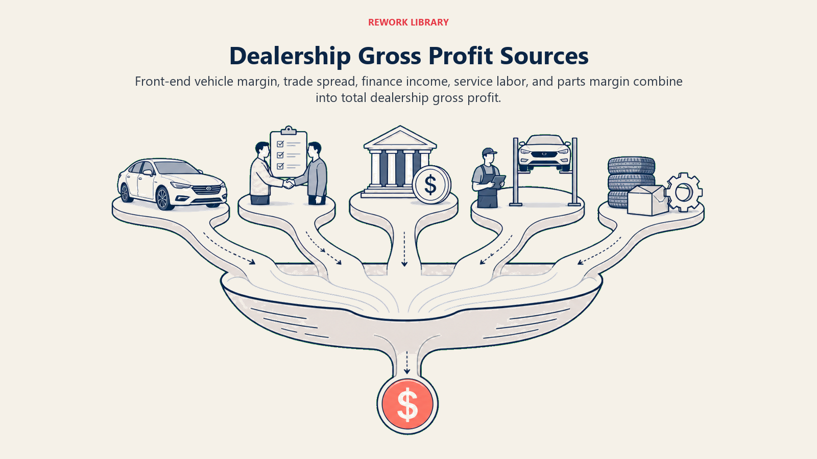 Dealership Gross Profit Sources shown as gross profit basin in a Rework Library editorial illustration
