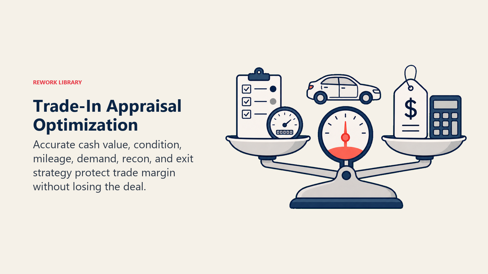 Trade-In Appraisal Optimization shown as trade appraisal balance in a Rework Library editorial illustration