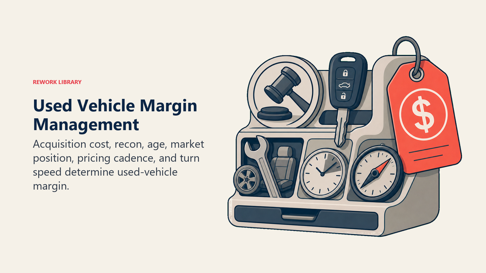 Used Vehicle Margin Management shown as used-car margin workbench in a Rework Library editorial illustration