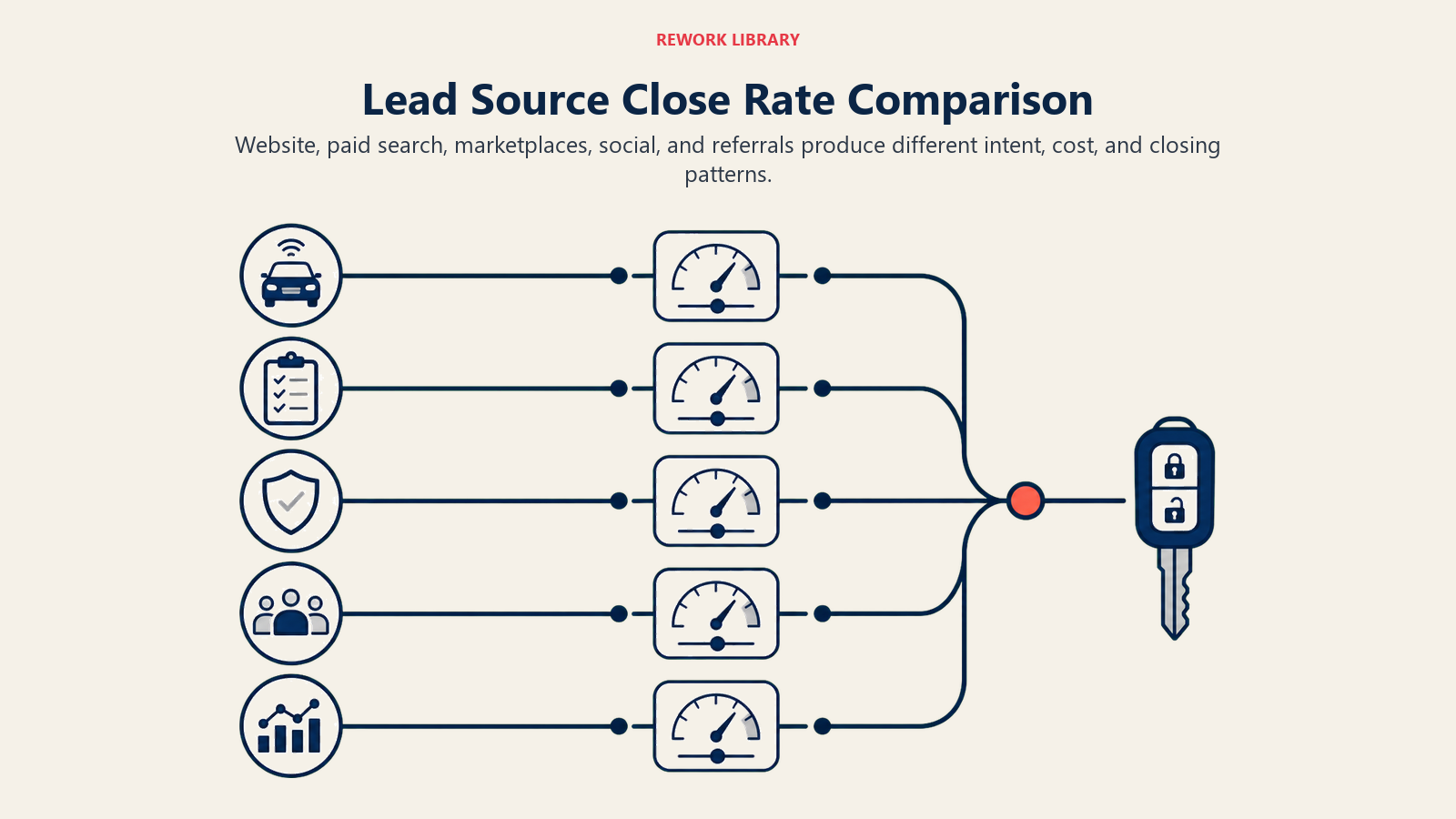 Lead Source Close Rate Comparison illustrated as a wide comparison of five source streams entering separate calibrated close-rate gates before reaching vehicle keys