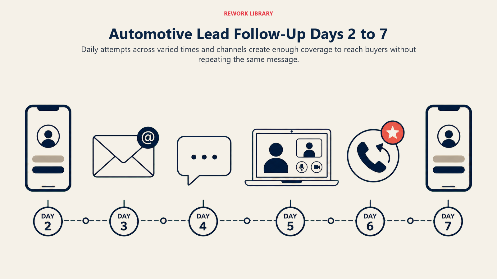 Automotive lead follow-up days 2 to 7 as a varied daily channel cadence