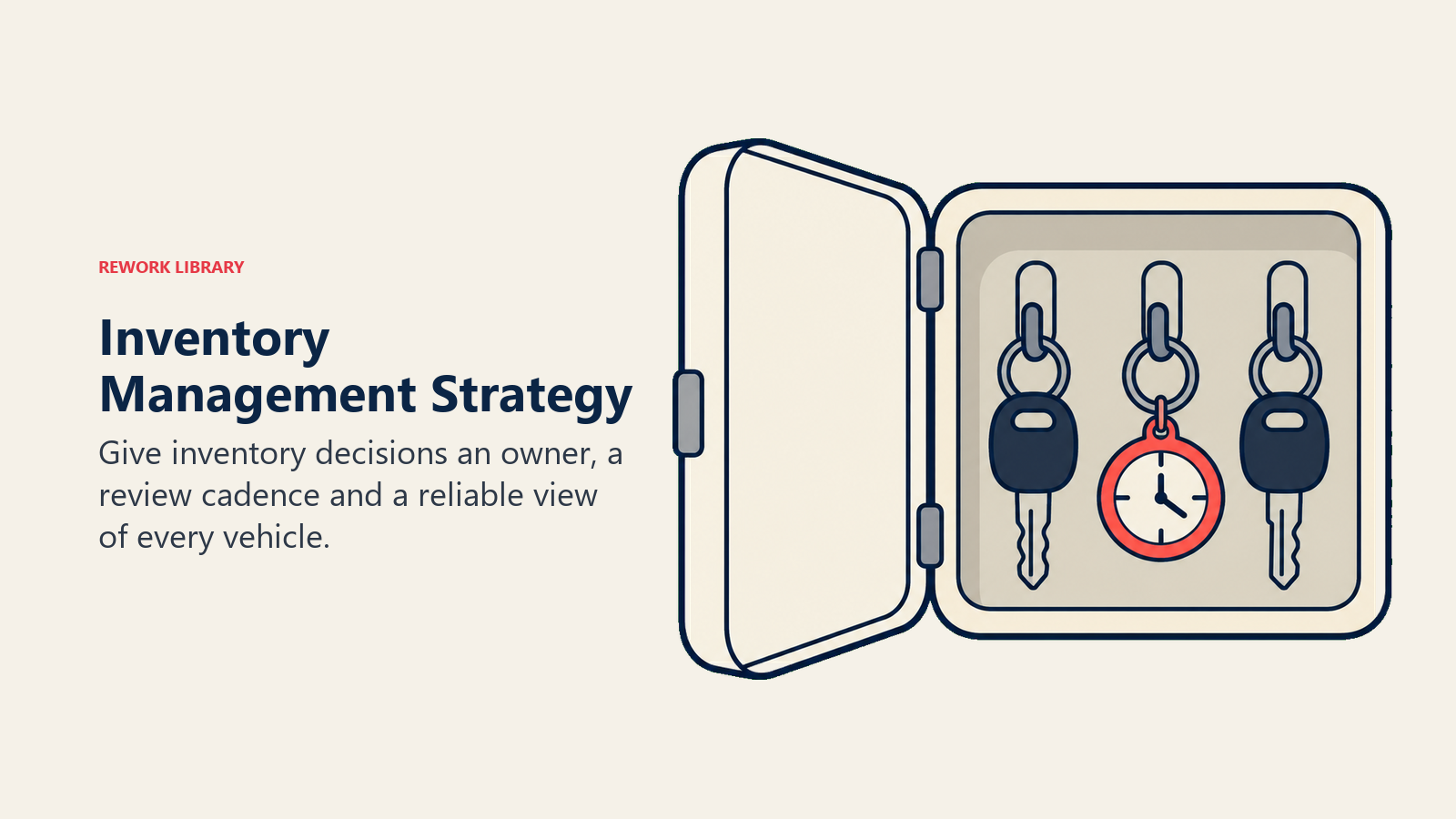 Inventory Management Strategy: A managed key cabinet links vehicle ownership and recurring attention without showing arbitrary stock targets.