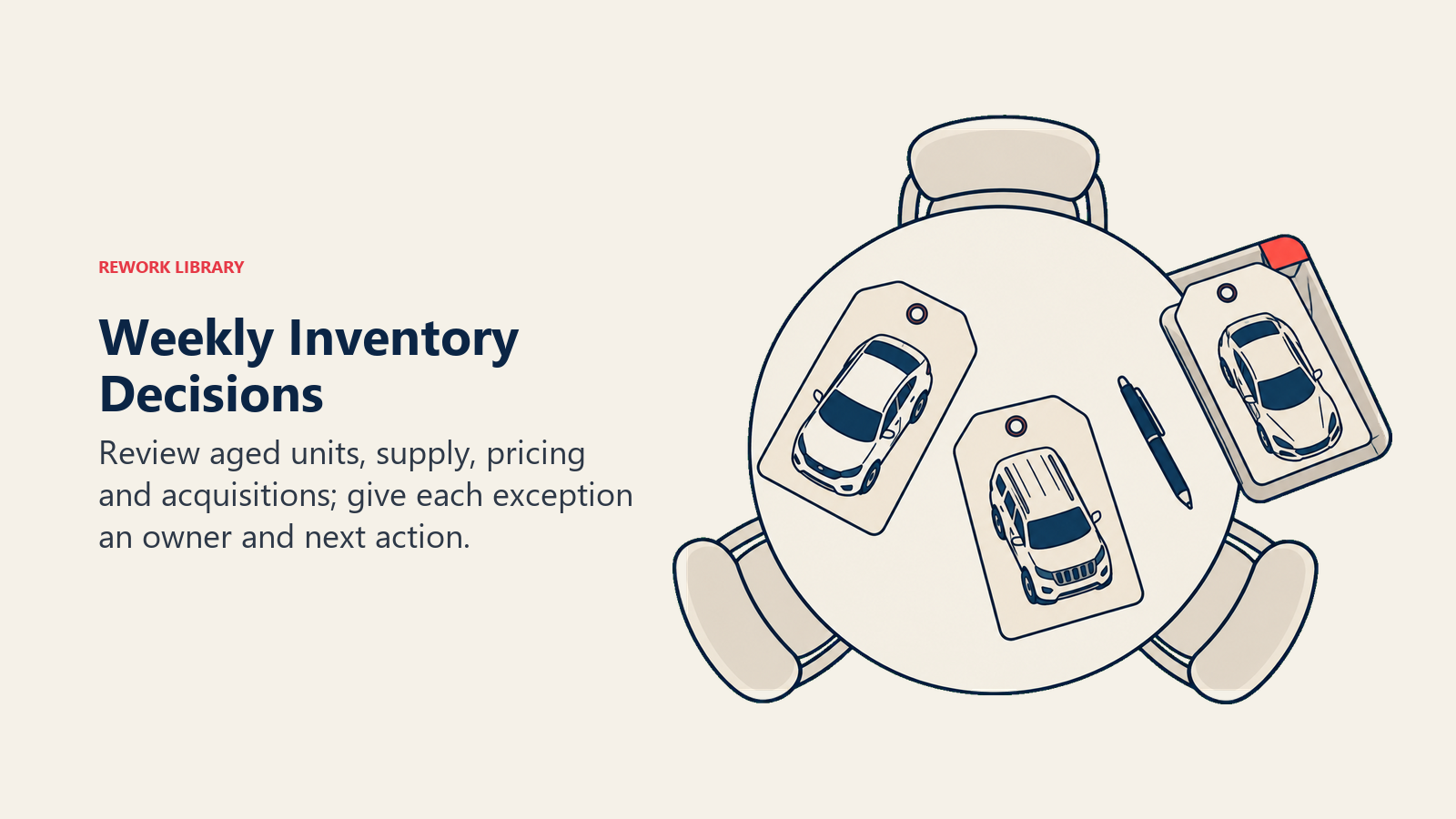 Weekly Inventory Decisions: Moving a vehicle tag into an action tray distinguishes a decision meeting from repeated status reporting.