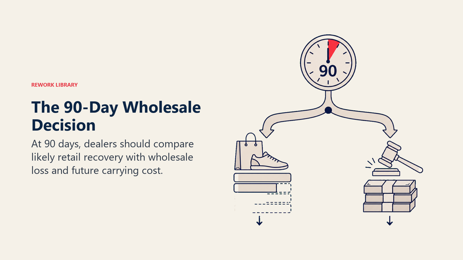 The 90-Day Wholesale Decision shown as a decisive fork at a 90-day clock: one narrow route continues retail with a shrinking margin stack, the other exits to a wholesale gavel and releases tied-up capital
