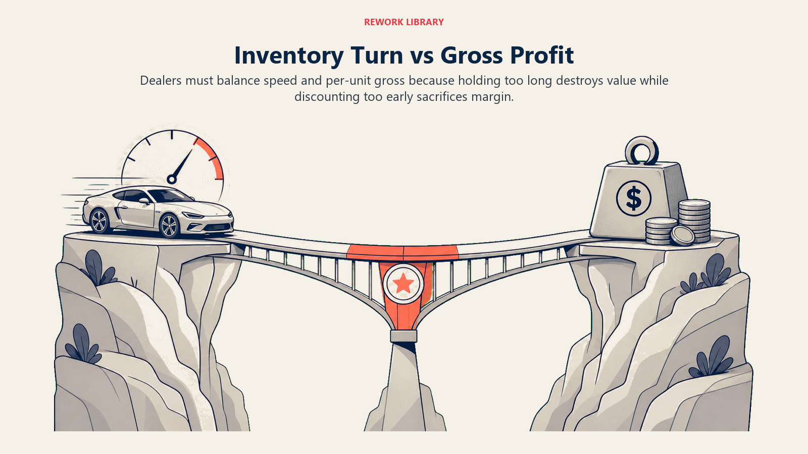 Inventory Turn vs Gross Profit shown as turn versus gross balance for an automotive dealership