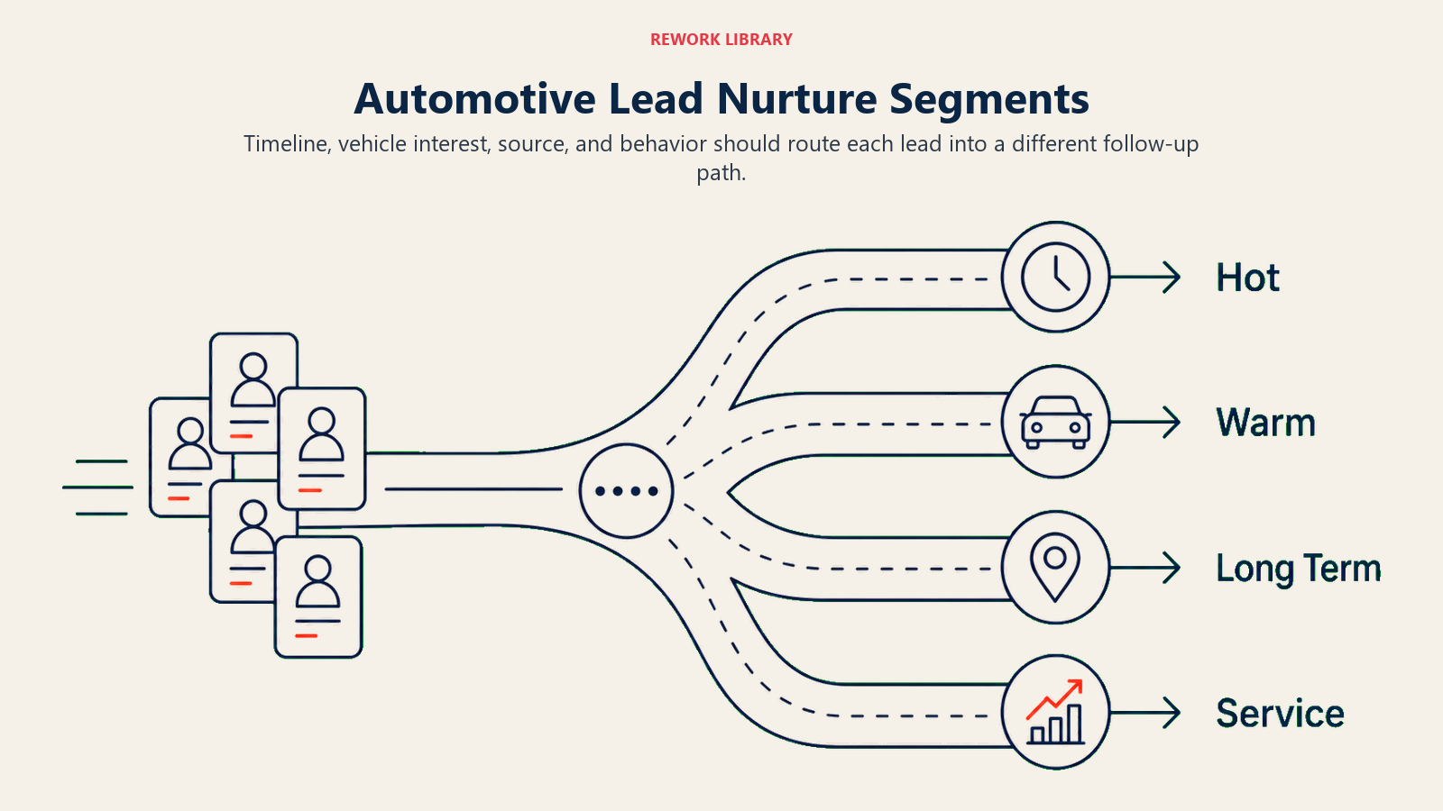 Automotive Lead Nurture Segments shown as a wide sorting junction where incoming lead cards divide into four distinct nurture roads based on clock, vehicle, source, and behavior symbols