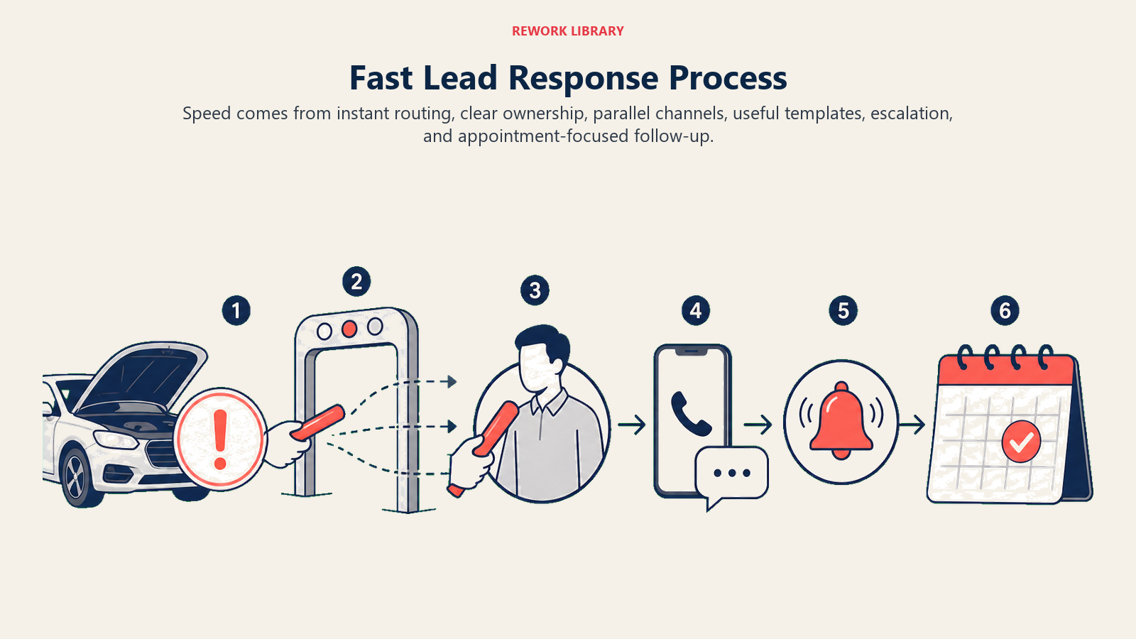 Fast Lead Response Process shown as rapid response relay for an automotive dealership