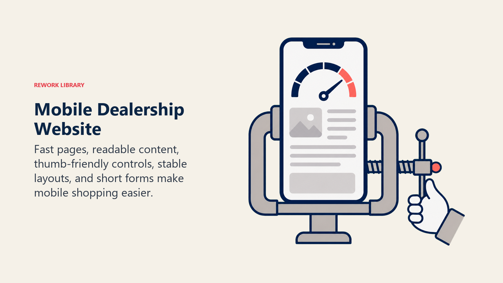 Mobile Dealership Website illustrated as a mobile performance vise aligning speed gauge, readable page, thumb control, stable frame, and short form