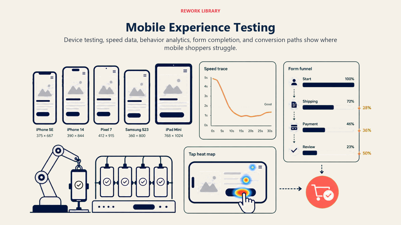 Mobile Experience Testing illustrated as a wide mobile testing lab comparing device frames, speed trace, tap heat map, form funnel, and coral conversion endpoint