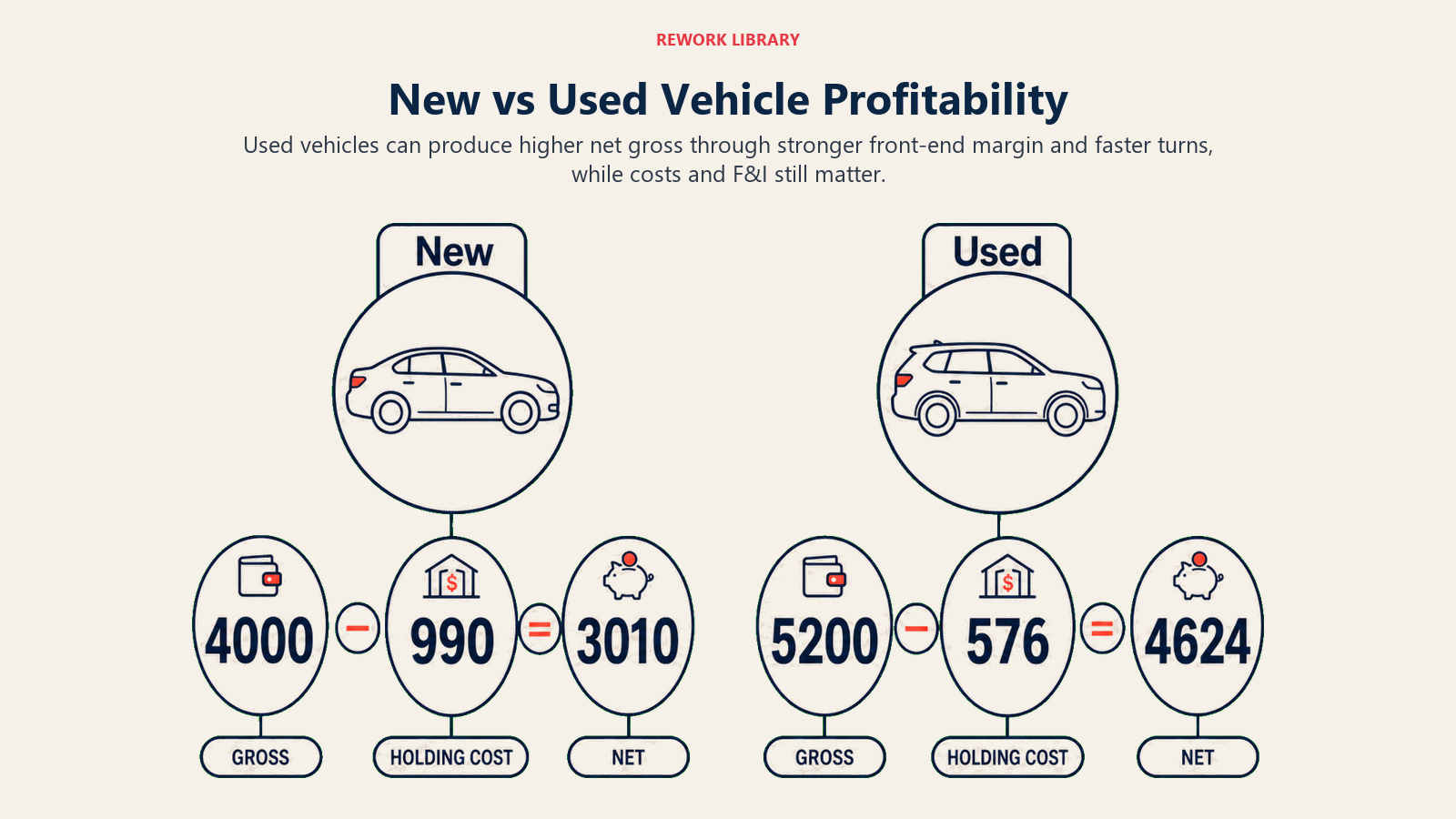 New vs Used Vehicle Profitability shown as a wide direct financial comparison with two vehicle lanes