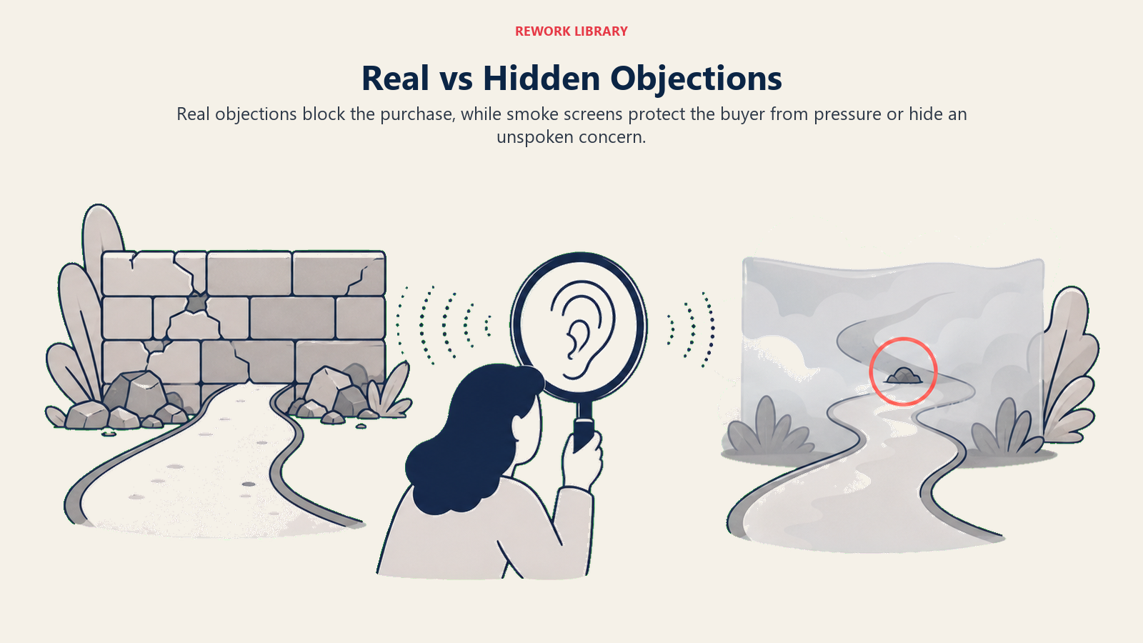 Real vs Hidden Objections shown as real-versus-smoke-screen barrier in a Rework Library editorial illustration