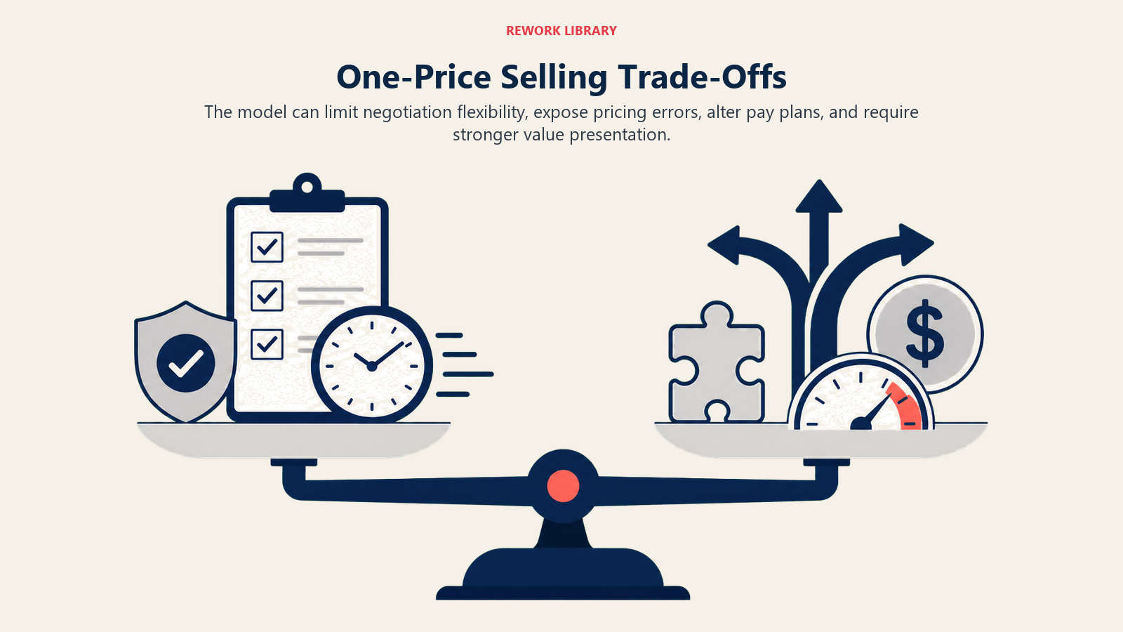 One-Price Selling Trade-Offs illustrated as a wide balance comparison between consistency and speed on one side, flexibility and margin pressure on the other