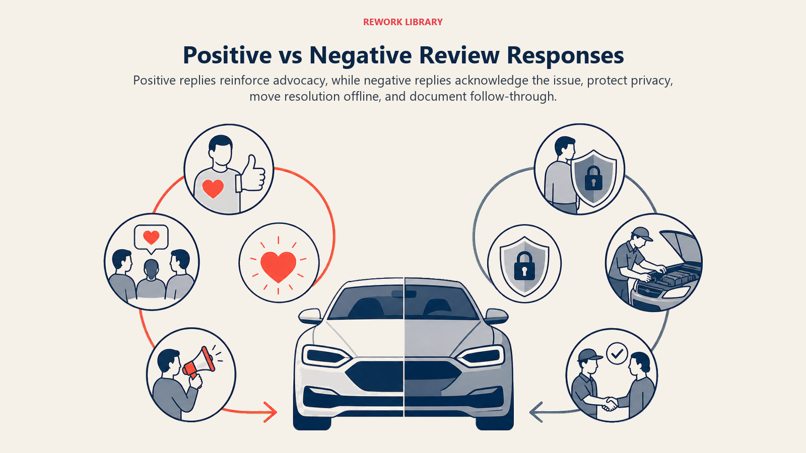 Positive vs Negative Review Responses shown as positive versus negative response paths for an automotive dealership