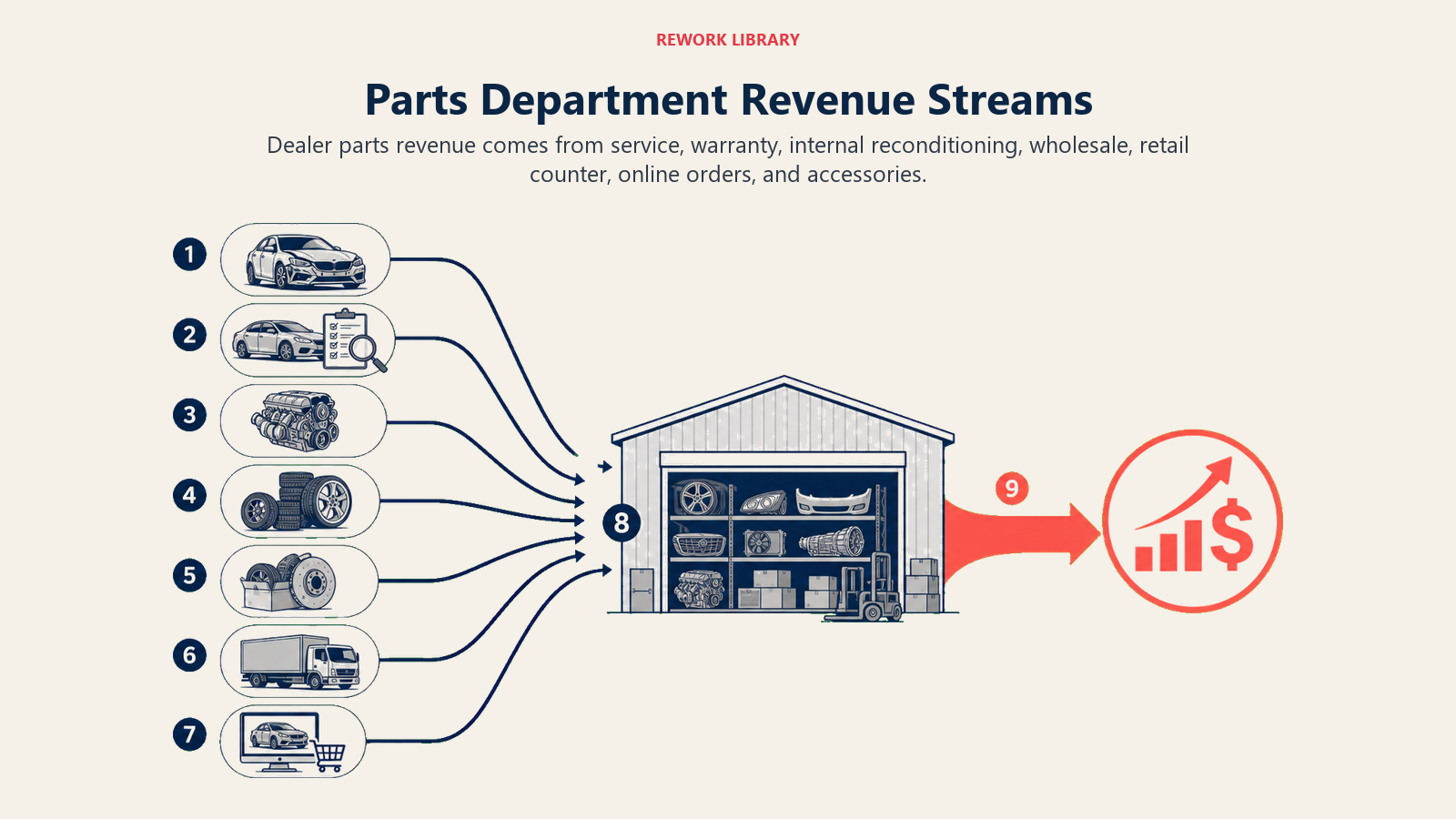 Parts Department Revenue Streams shown as parts revenue streams for an automotive dealership