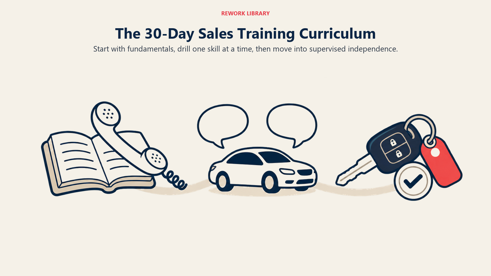 Three stages of a 30-day automotive sales curriculum: foundations, skill practice and supervised independence.