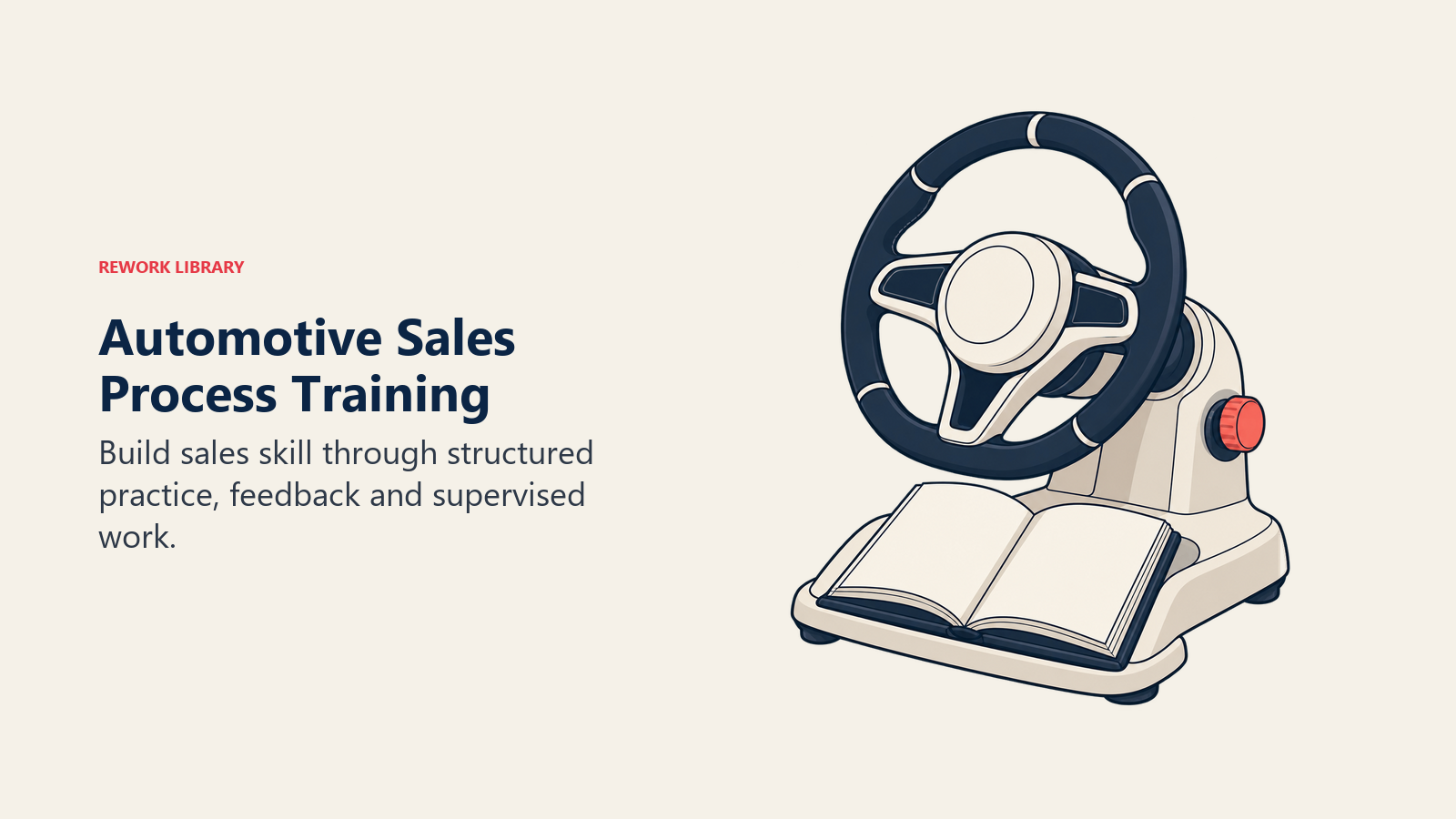 Automotive sales process training represented by a steering practice rig and learning booklet.