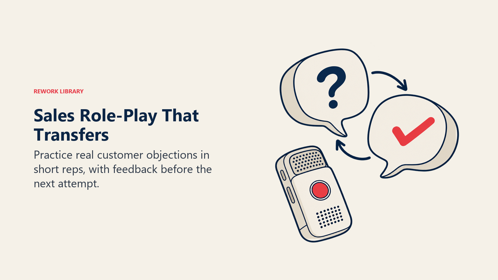 Sales role-play using recorded customer objections, a practice response and a feedback loop.