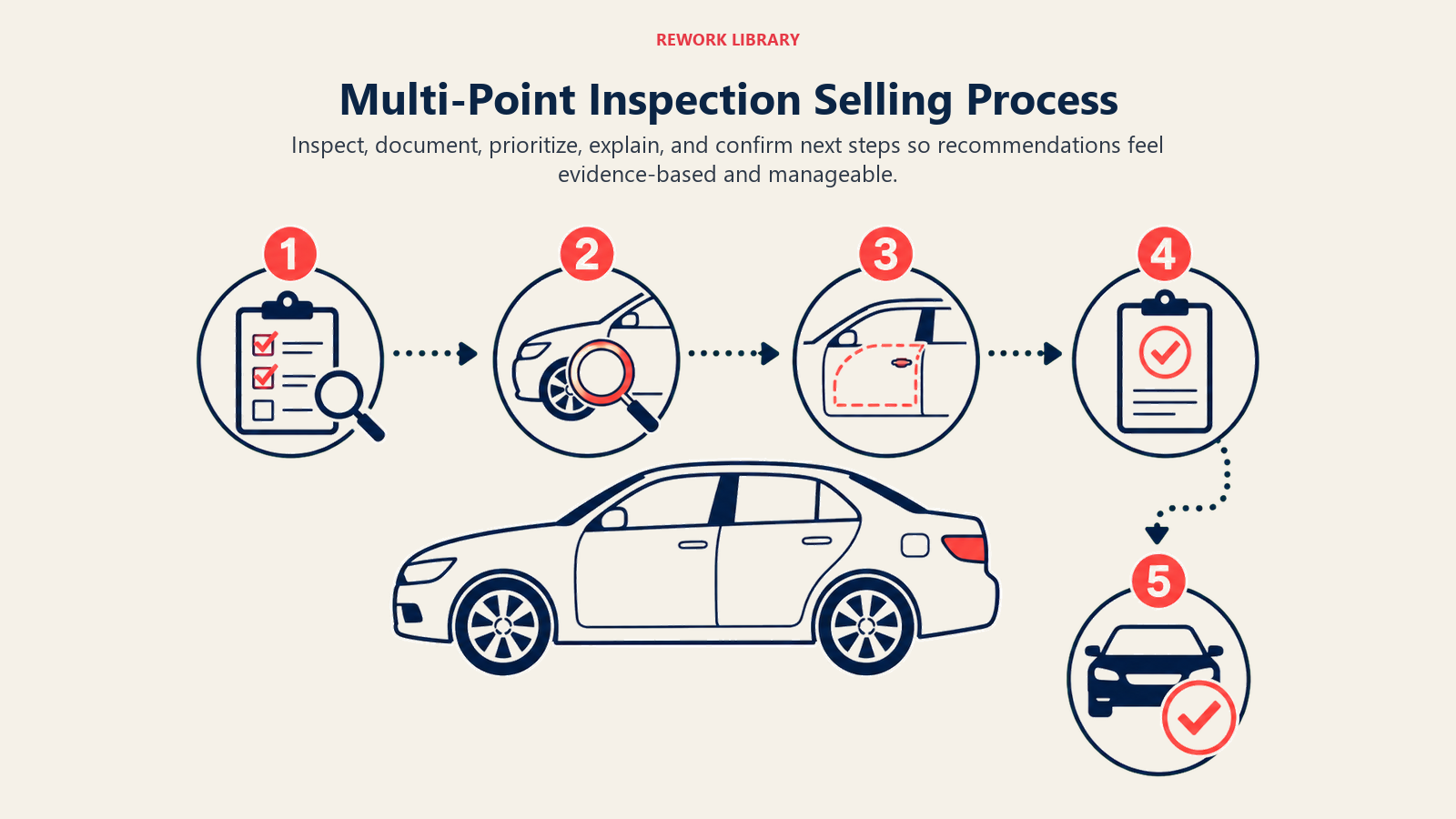 Multi-Point Inspection Selling Process illustrated as a wide five-stage inspection-to-approval flow around a vehicle, with numbered checkpoints 1 to 5