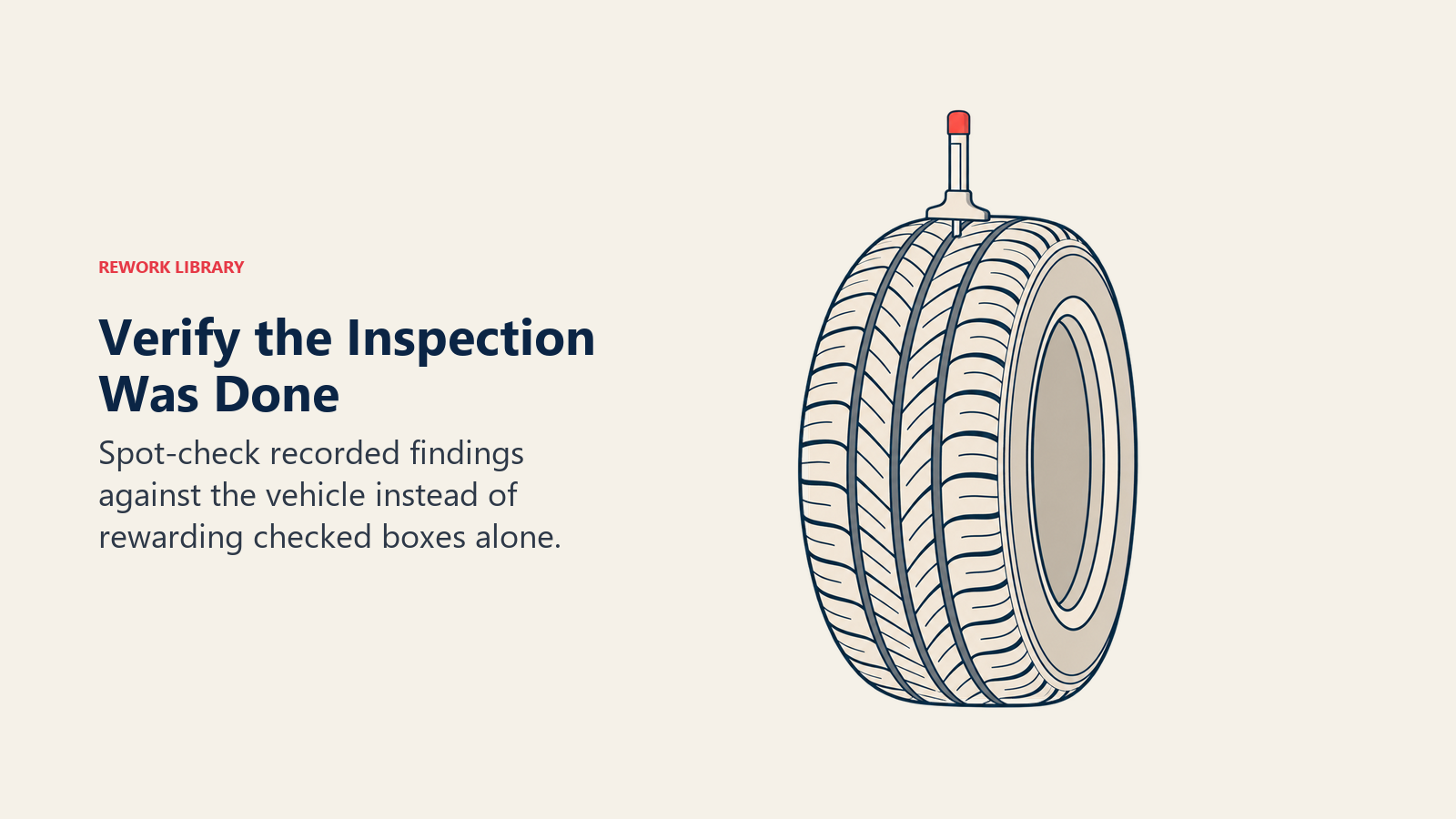 Inspection quality verified by a tread gauge physically measuring a tire rather than a checklist alone.