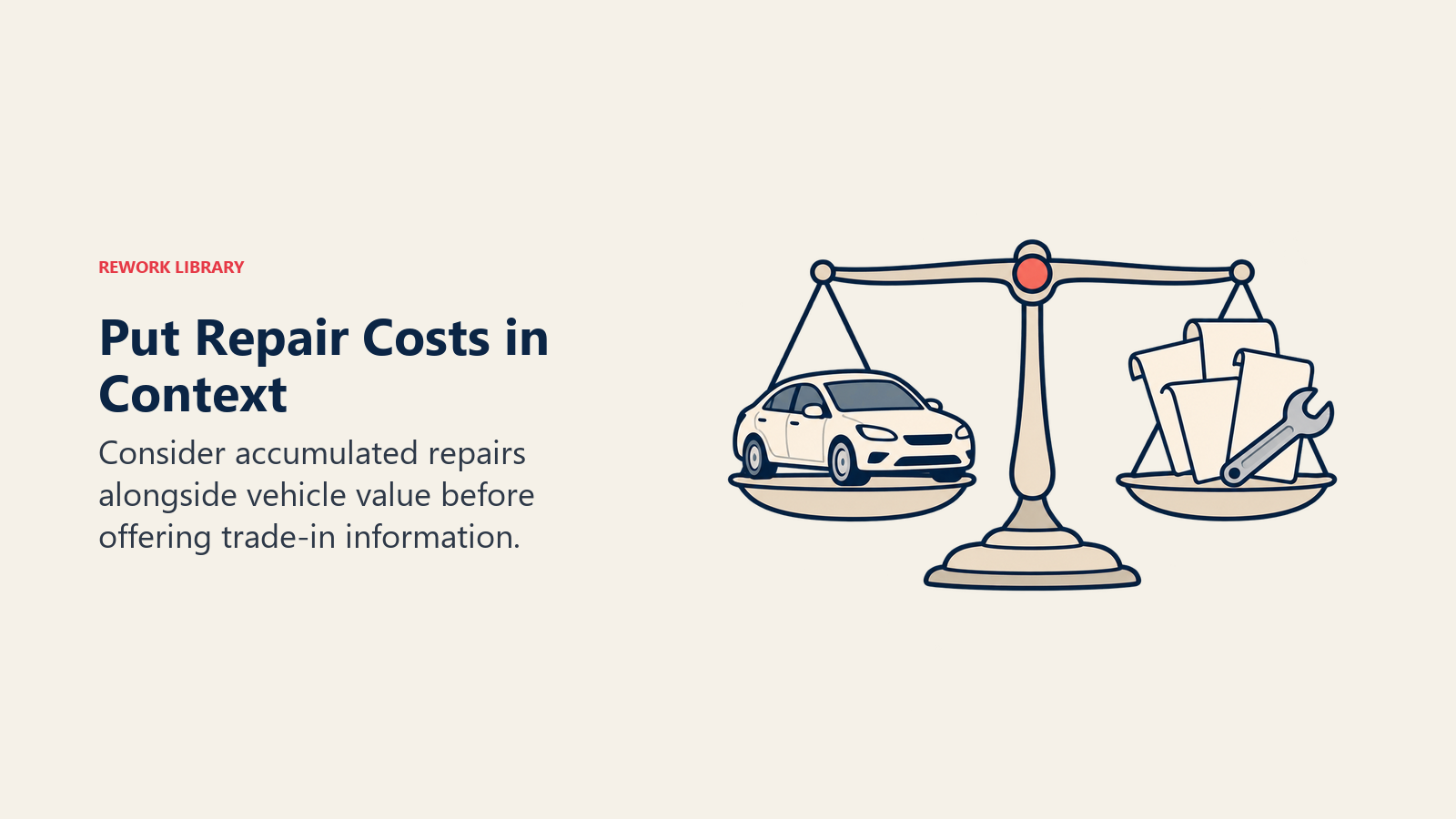 Accumulated repair costs weighed against vehicle value before a low-pressure trade-in conversation.