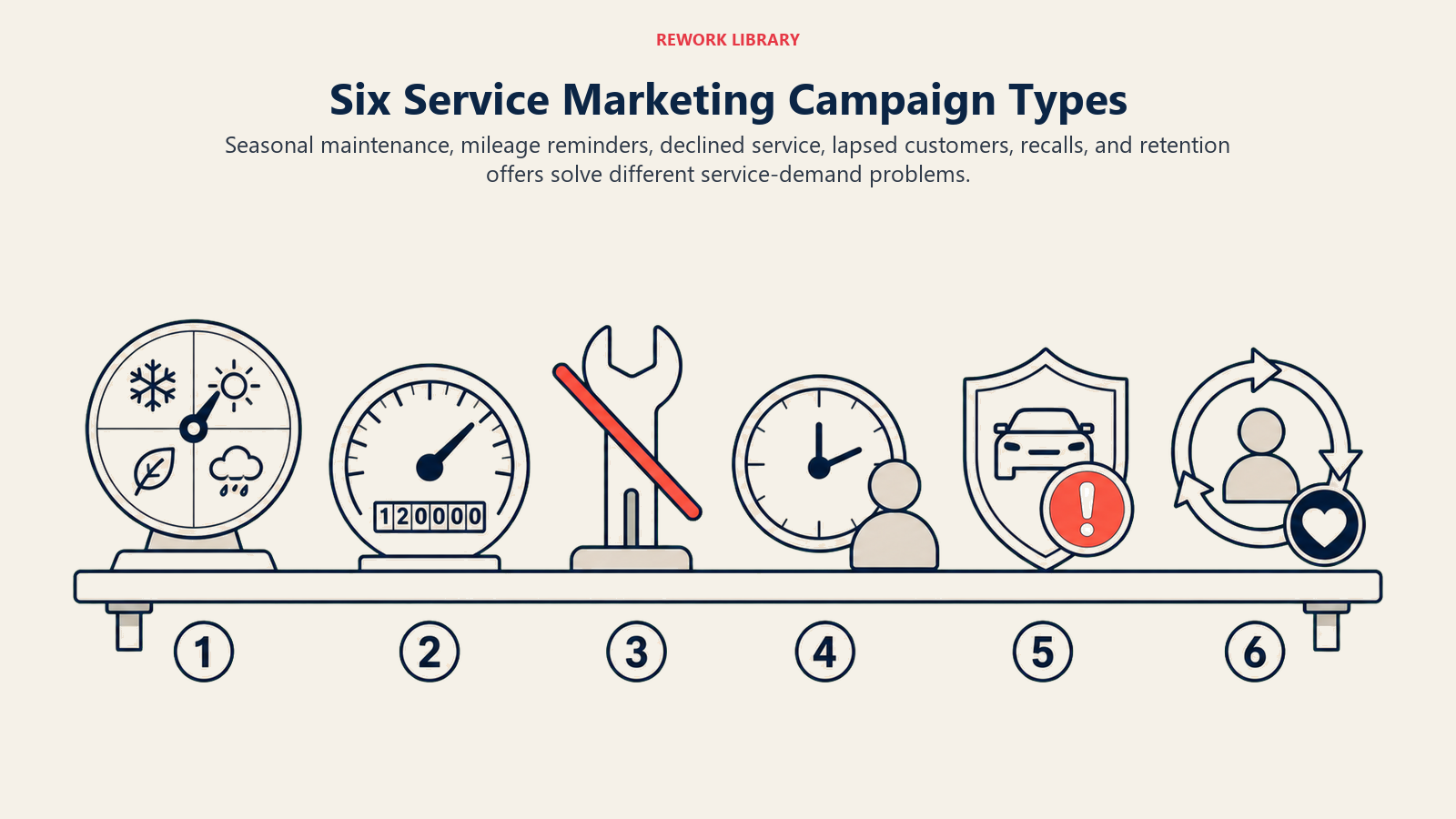 Six dealership service marketing campaign types arranged as distinct maintenance triggers
