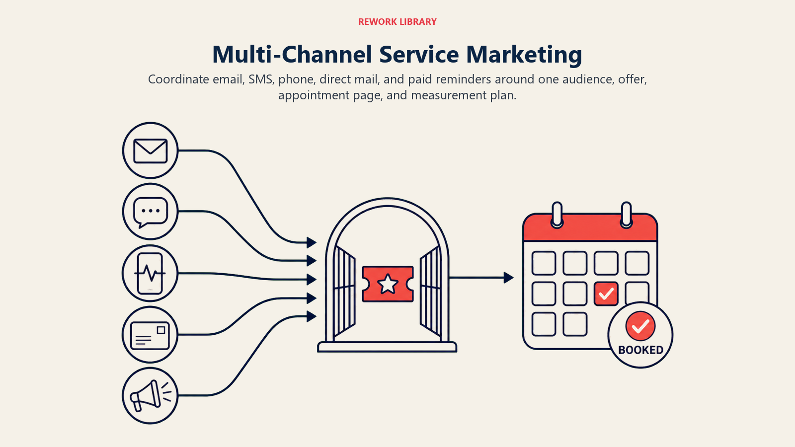 Multi-channel service marketing flow converging five channels into one appointment