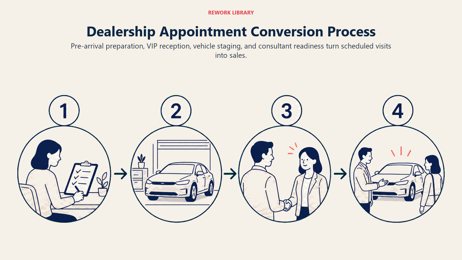 Dealership Appointment Conversion Process shown as a wide four-step appointment runway ending at a ready vehicle: prepare record, stage vehicle, greet by name, begin tailored demo