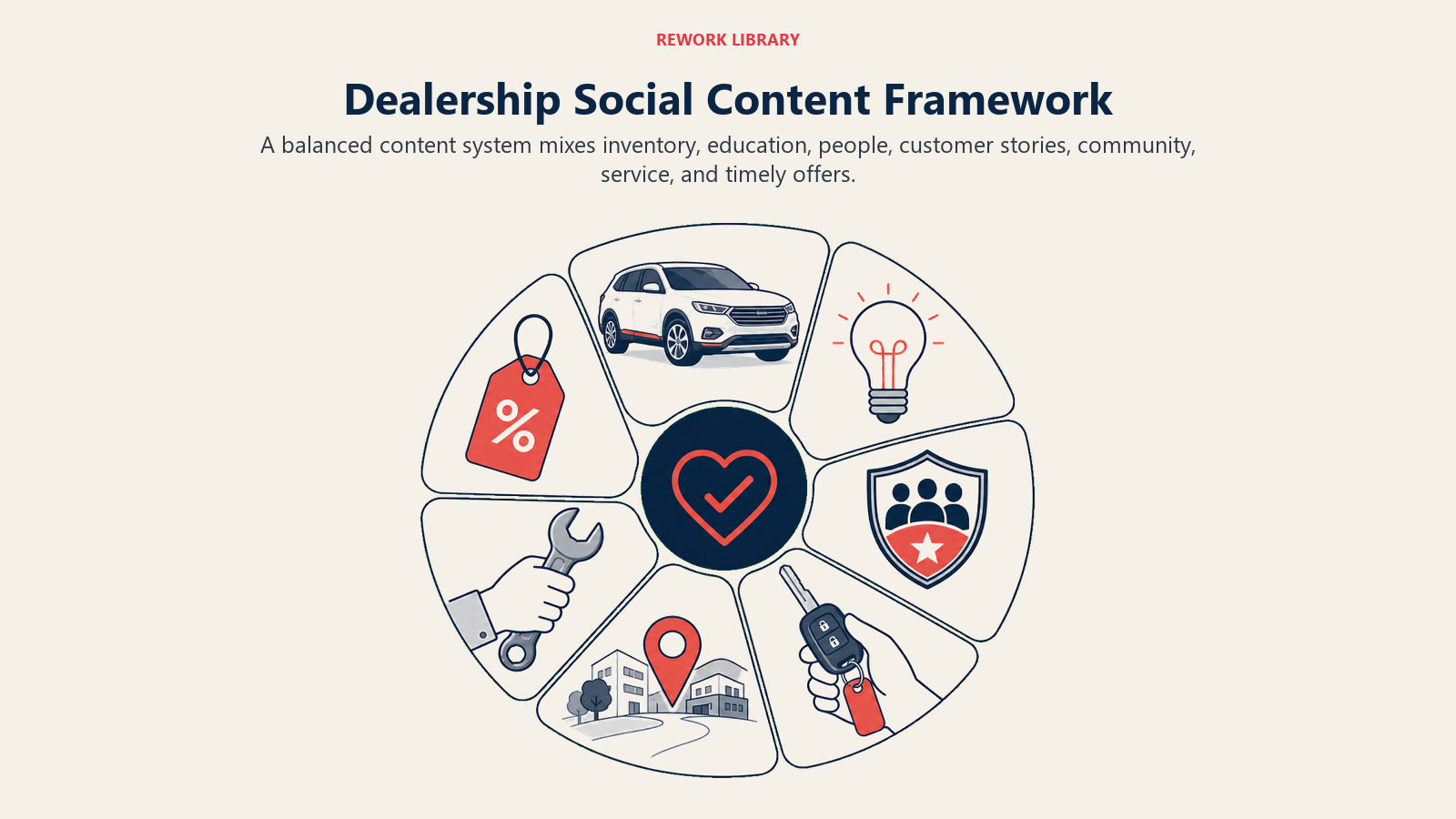 Dealership Social Content Framework shown as content mix wheel for an automotive dealership