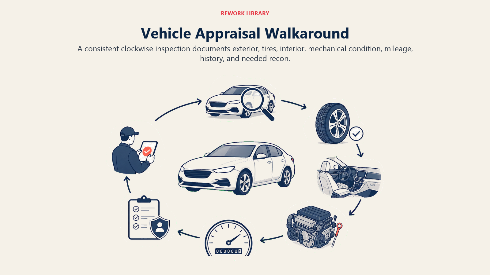 Vehicle Appraisal Walkaround shown as clockwise vehicle inspection in a Rework Library editorial illustration