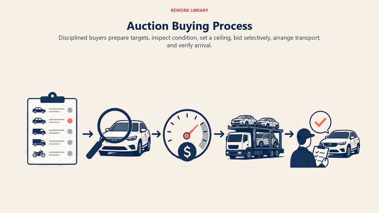 Auction Buying Process illustrated as a wide auction sequence from target list to inspection lens to bid ceiling gauge to transport truck to arrival check