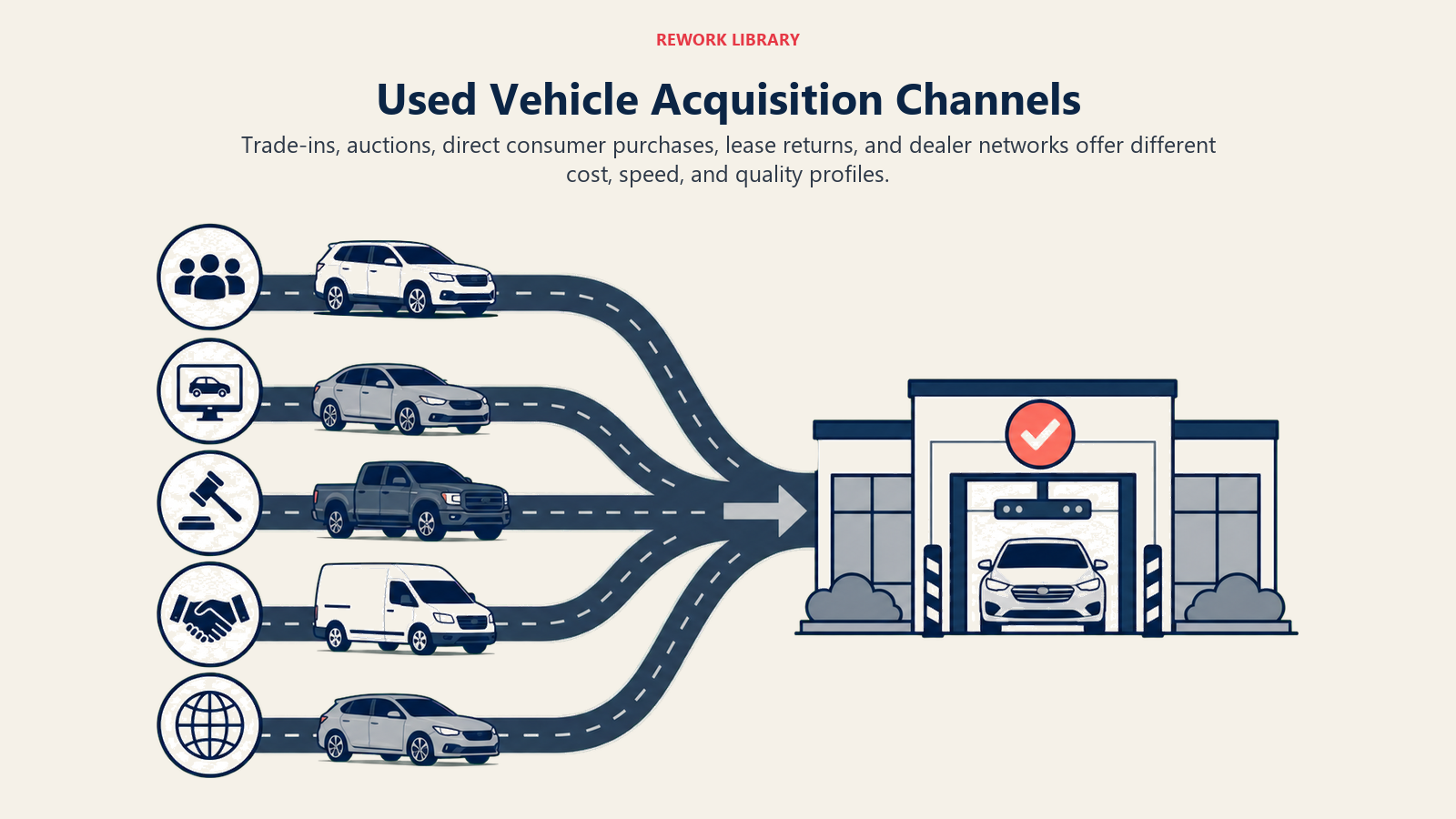 Used Vehicle Acquisition Channels illustrated as a wide five-channel sourcing landscape feeding distinct vehicles into one dealership inspection gate