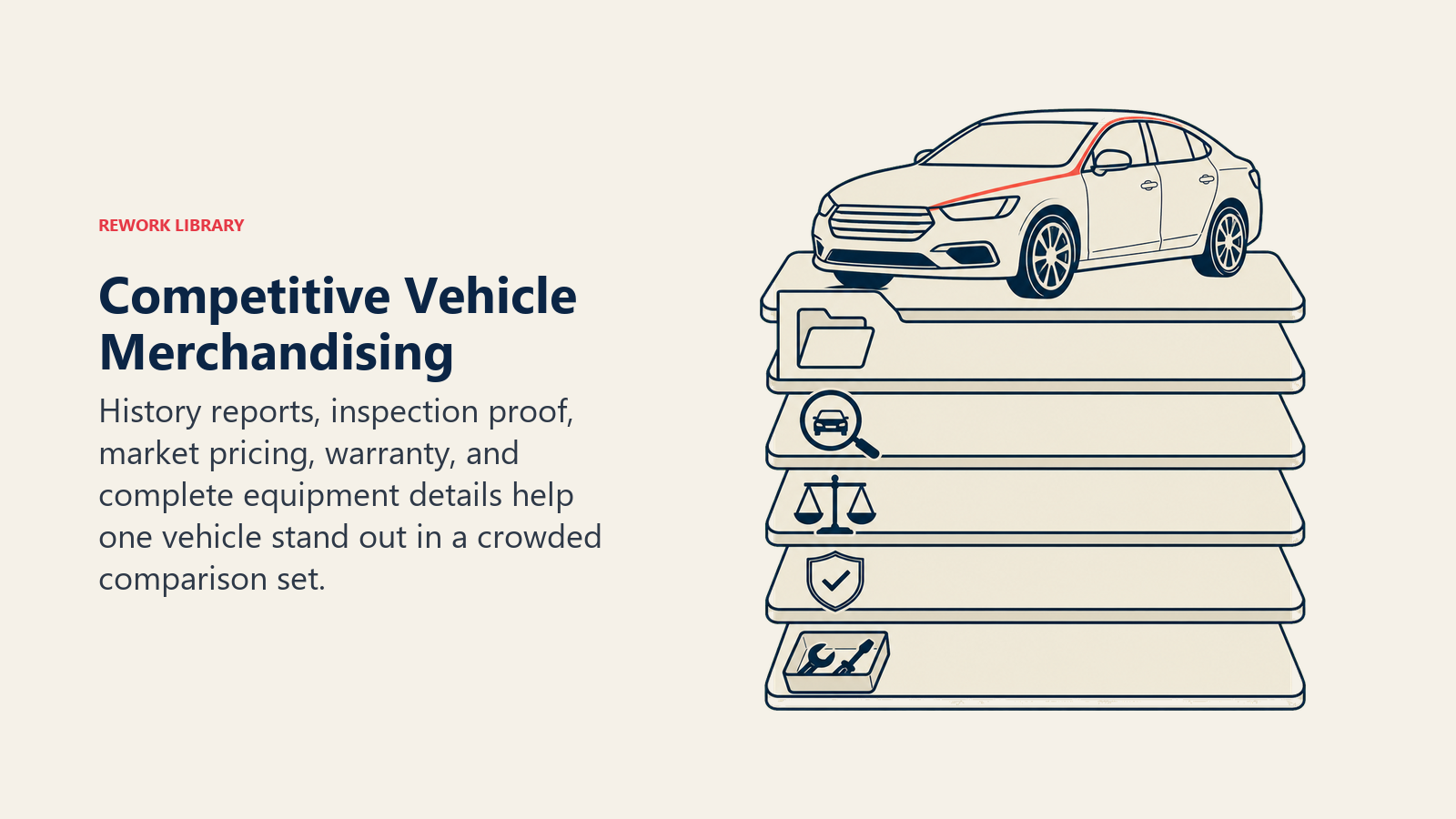 Competitive vehicle merchandising shown as proof layers elevating one vehicle above similar listings