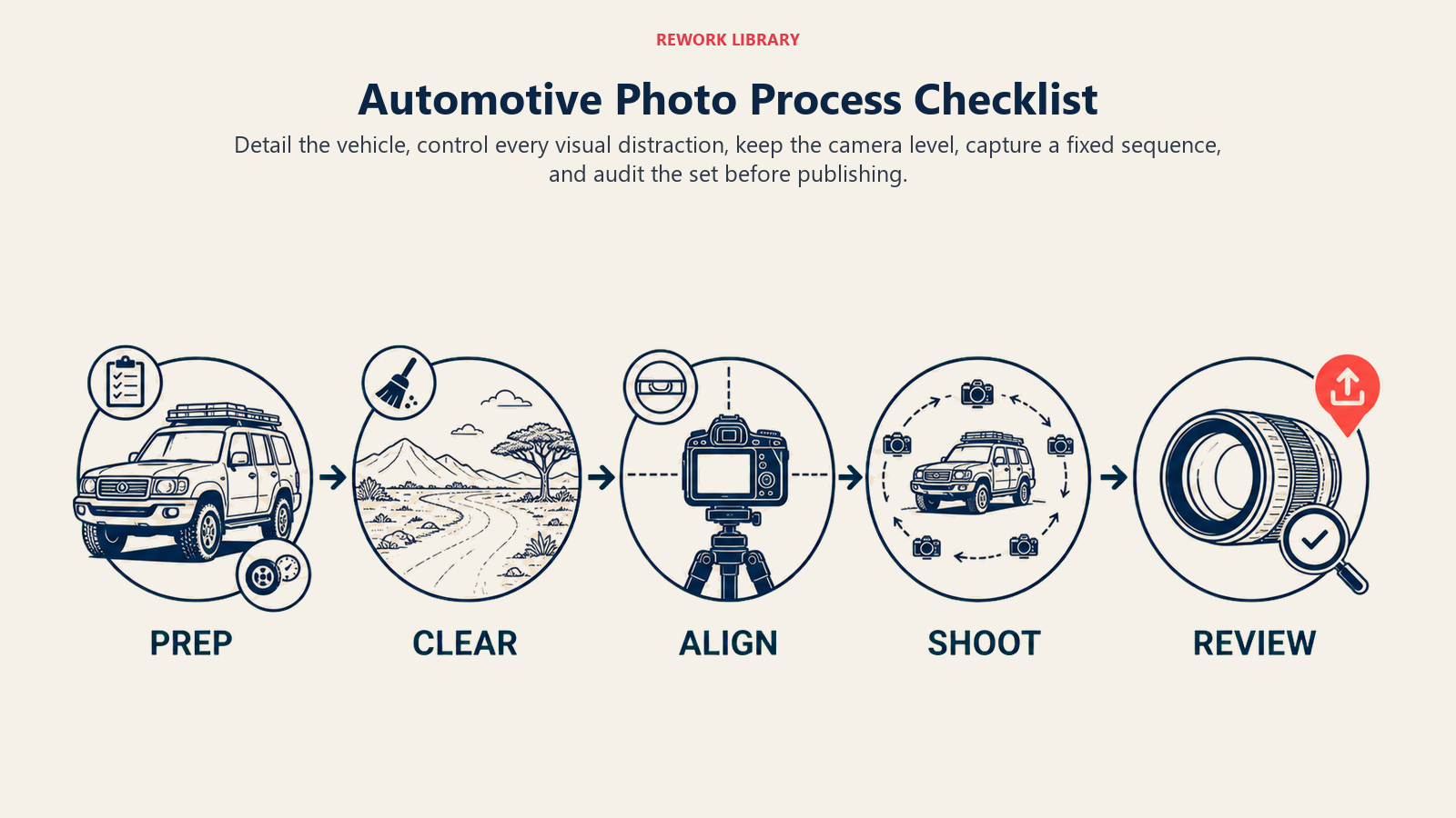 Automotive photo process from vehicle preparation through fixed shot sequence and final quality review