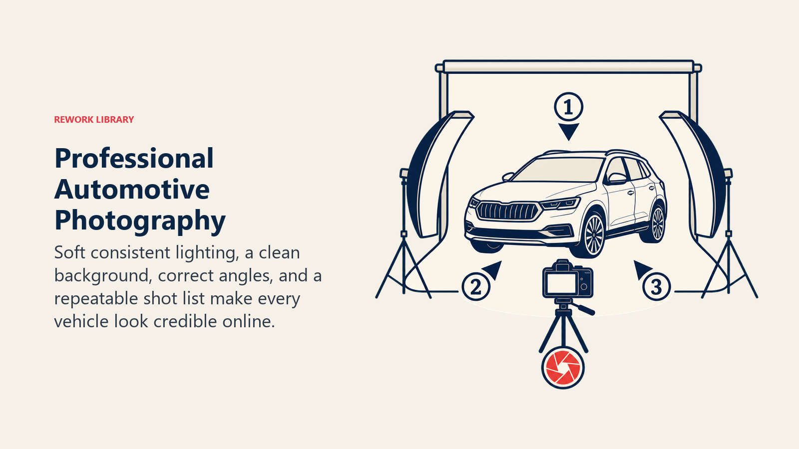 Professional automotive photography setup with soft lighting, clean backdrop, and consistent vehicle angles
