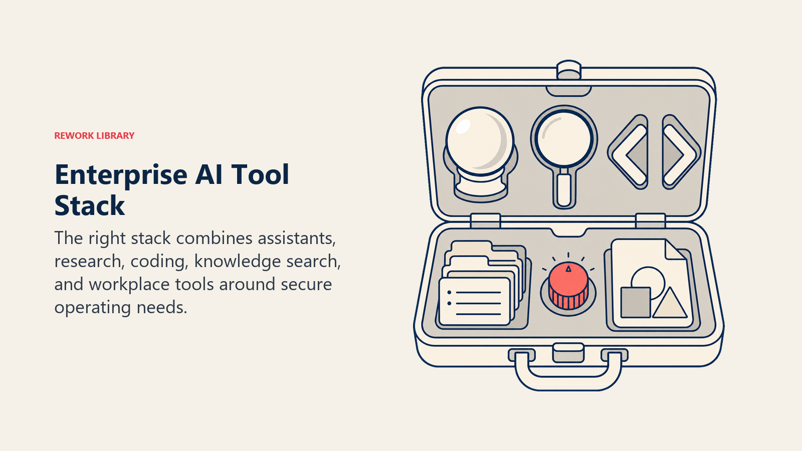 Enterprise AI tool stack shown as an organized case of assistants, research, coding, and knowledge tools