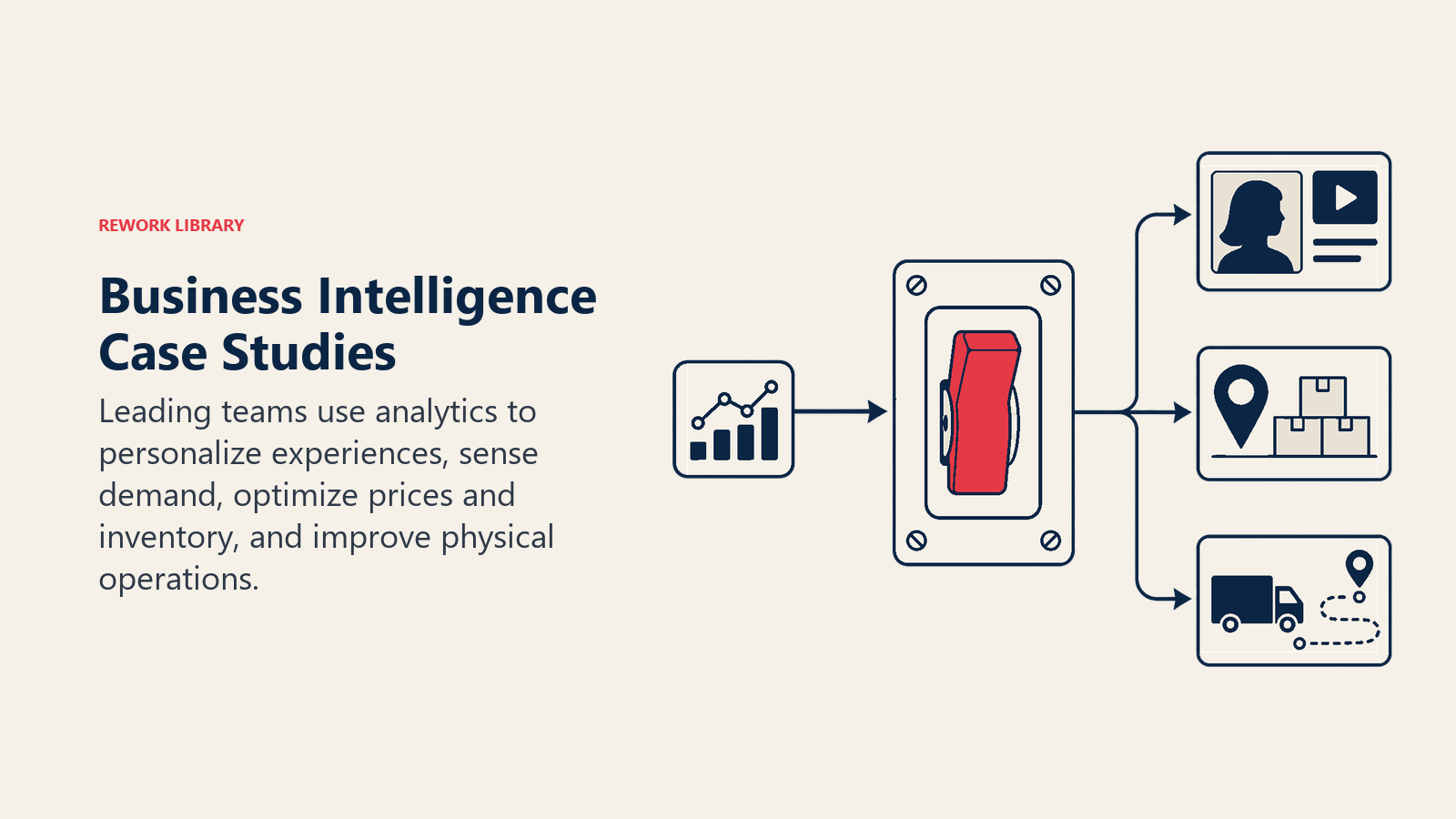 Business intelligence case studies visual showing an analytics switch driving personalization, inventory, and routing decisions