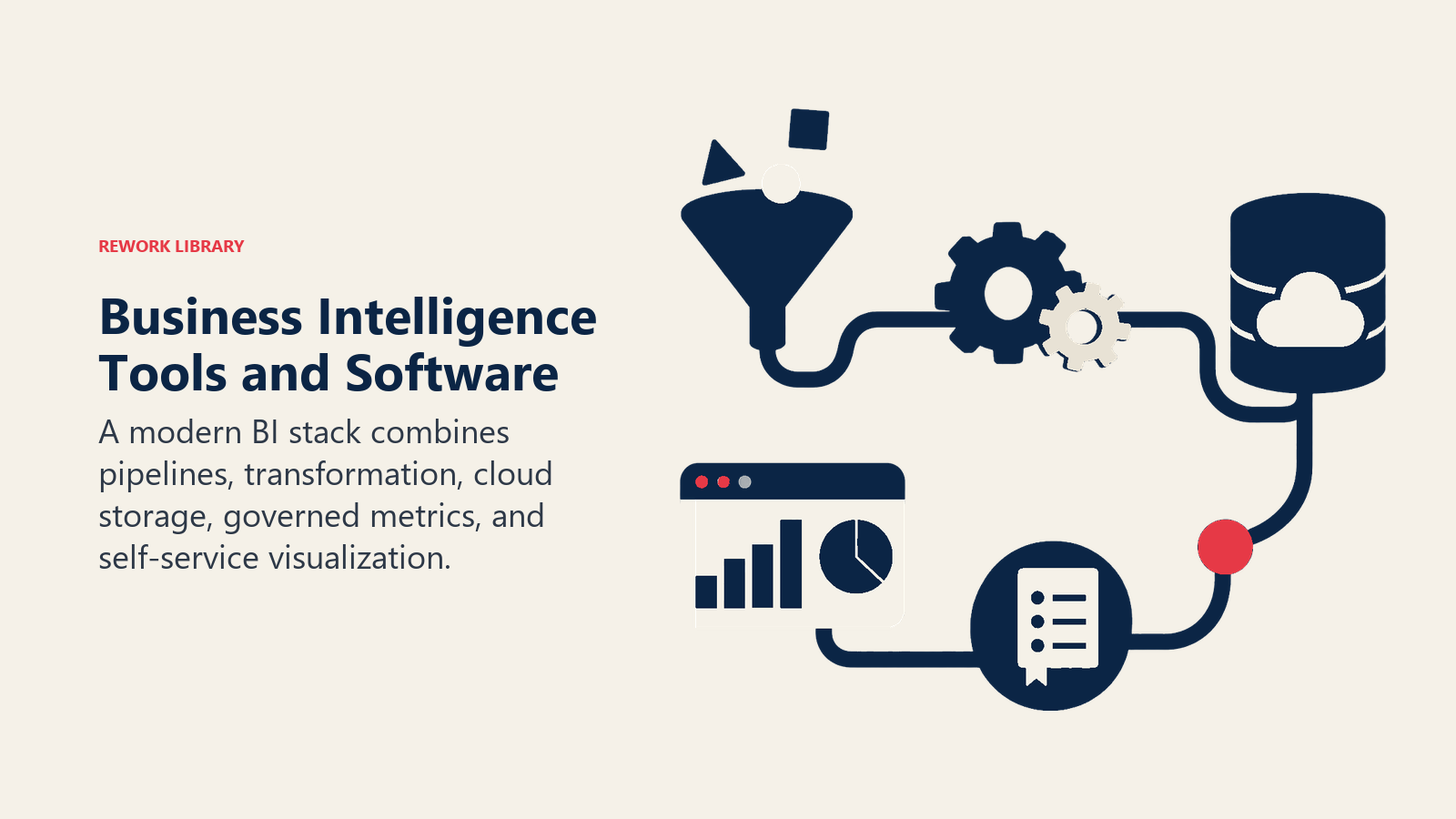 Business intelligence tools visual showing pipeline, transformation, warehouse, metrics, and visualization modules