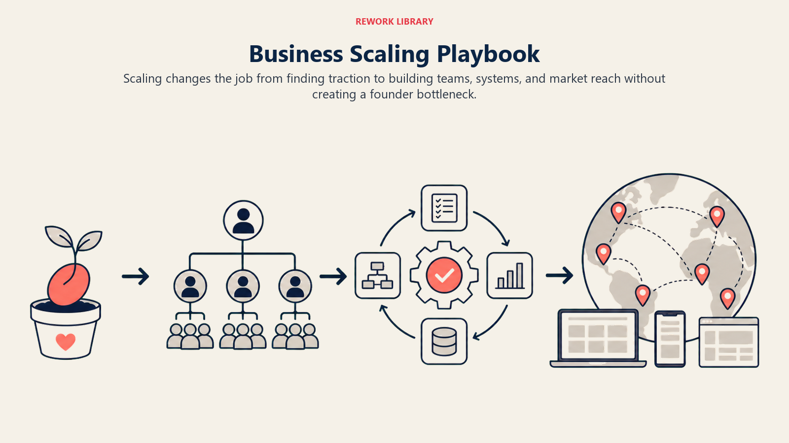 Business scaling journey from product-market fit through team systems and international expansion