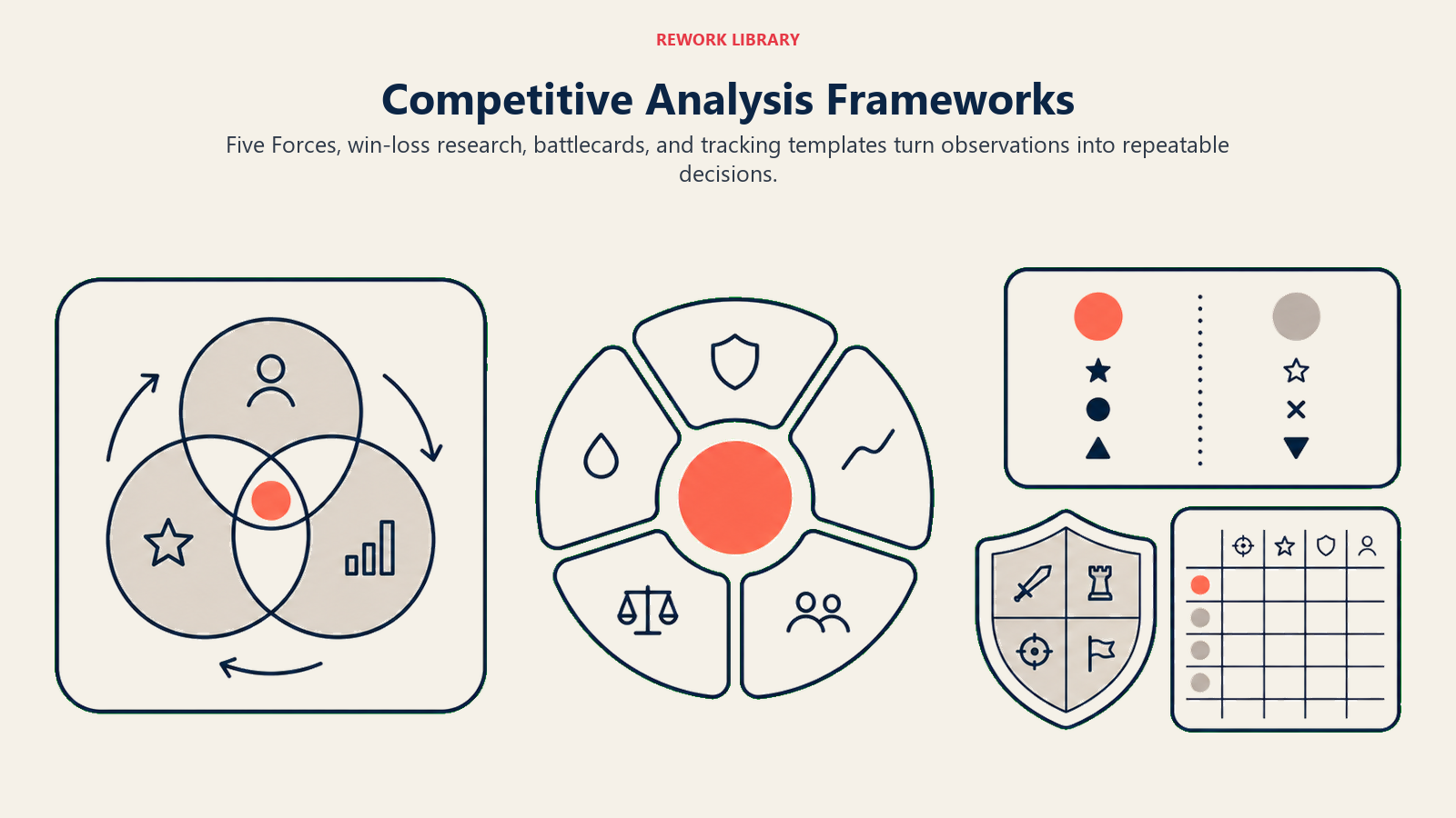 Competitive analysis frameworks workbench with Five Forces, win-loss, battlecard, and tracking artifacts