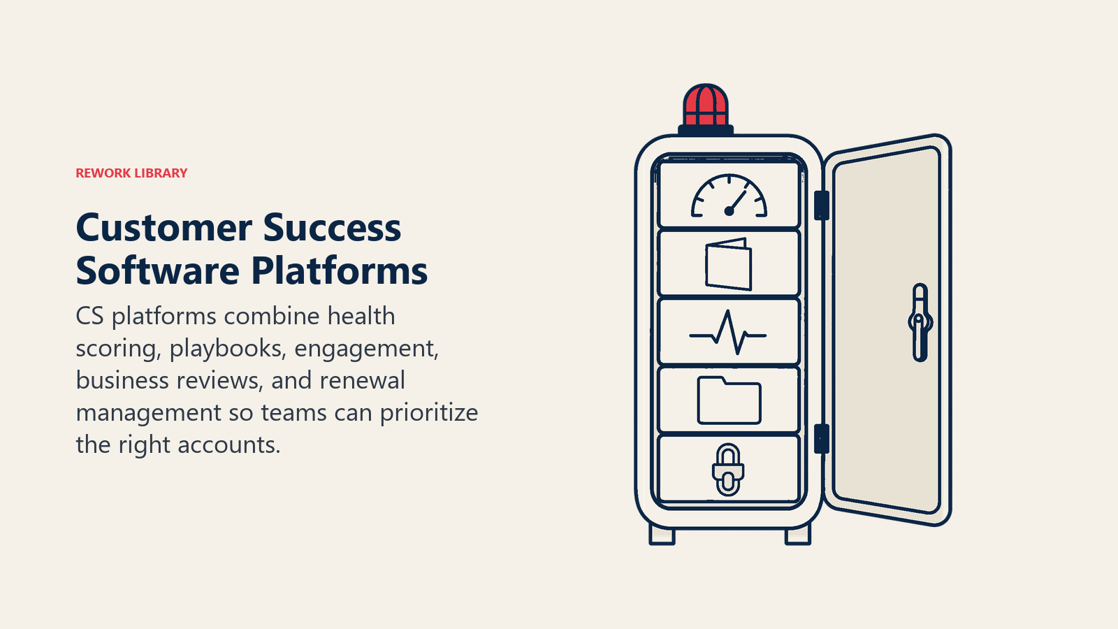 Customer success software platforms visual with health scoring, playbooks, engagement, reviews, and renewal tools in one cabinet