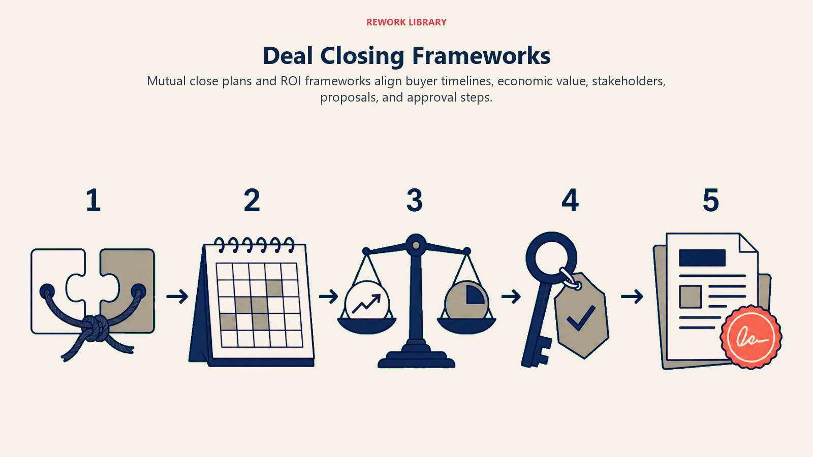 Deal closing framework showing mutual timeline, ROI case, executive approval, proposal, and signature
