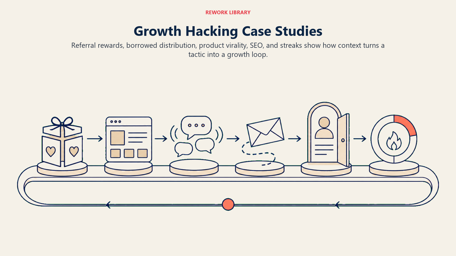 Growth hacking case studies illustrated through referral, distribution, virality, SEO, and retention-loop mechanics