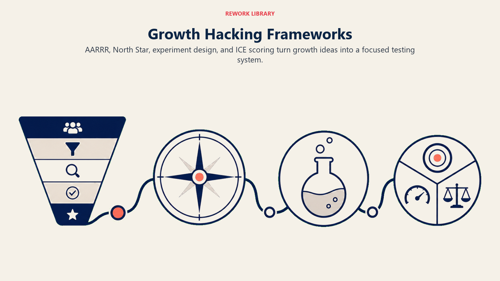 Growth hacking frameworks linking an AARRR funnel, North Star metric, experiment design, and ICE prioritization