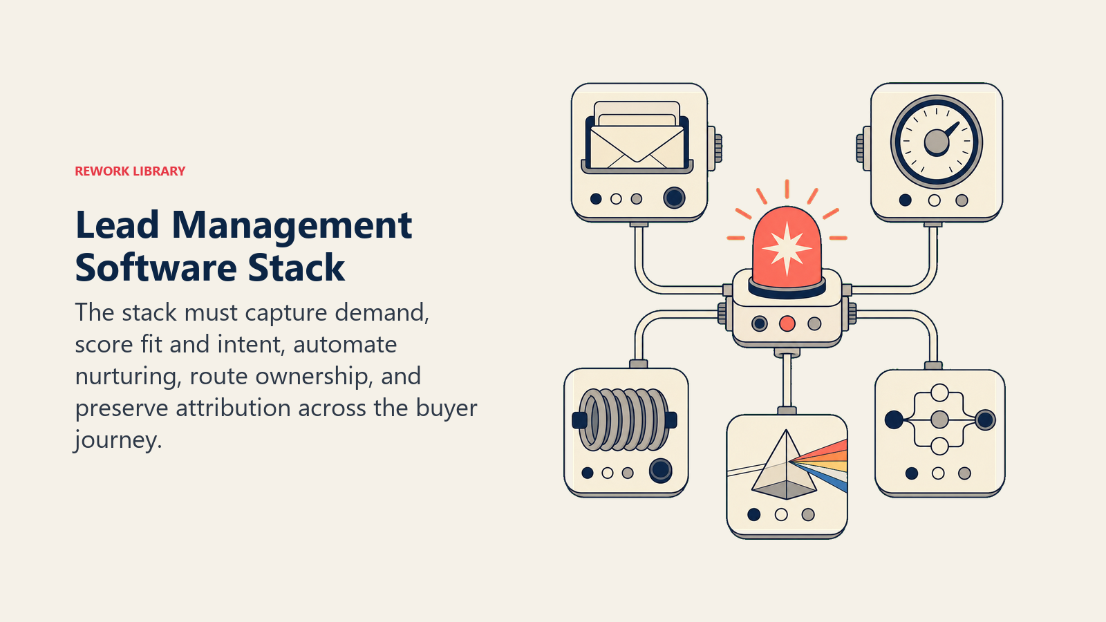 Lead management software stack shown as capture, scoring, nurture, routing, and attribution modules feeding an opportunity beacon.