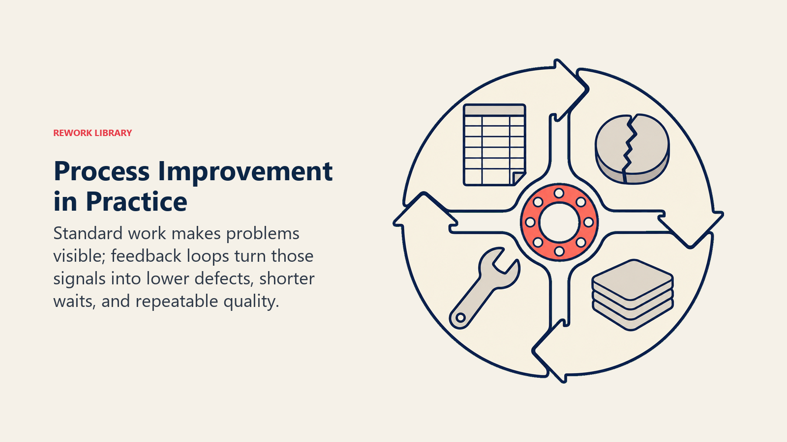 Process improvement flywheel linking standard work, visible defects, local fixes, and consistent quality