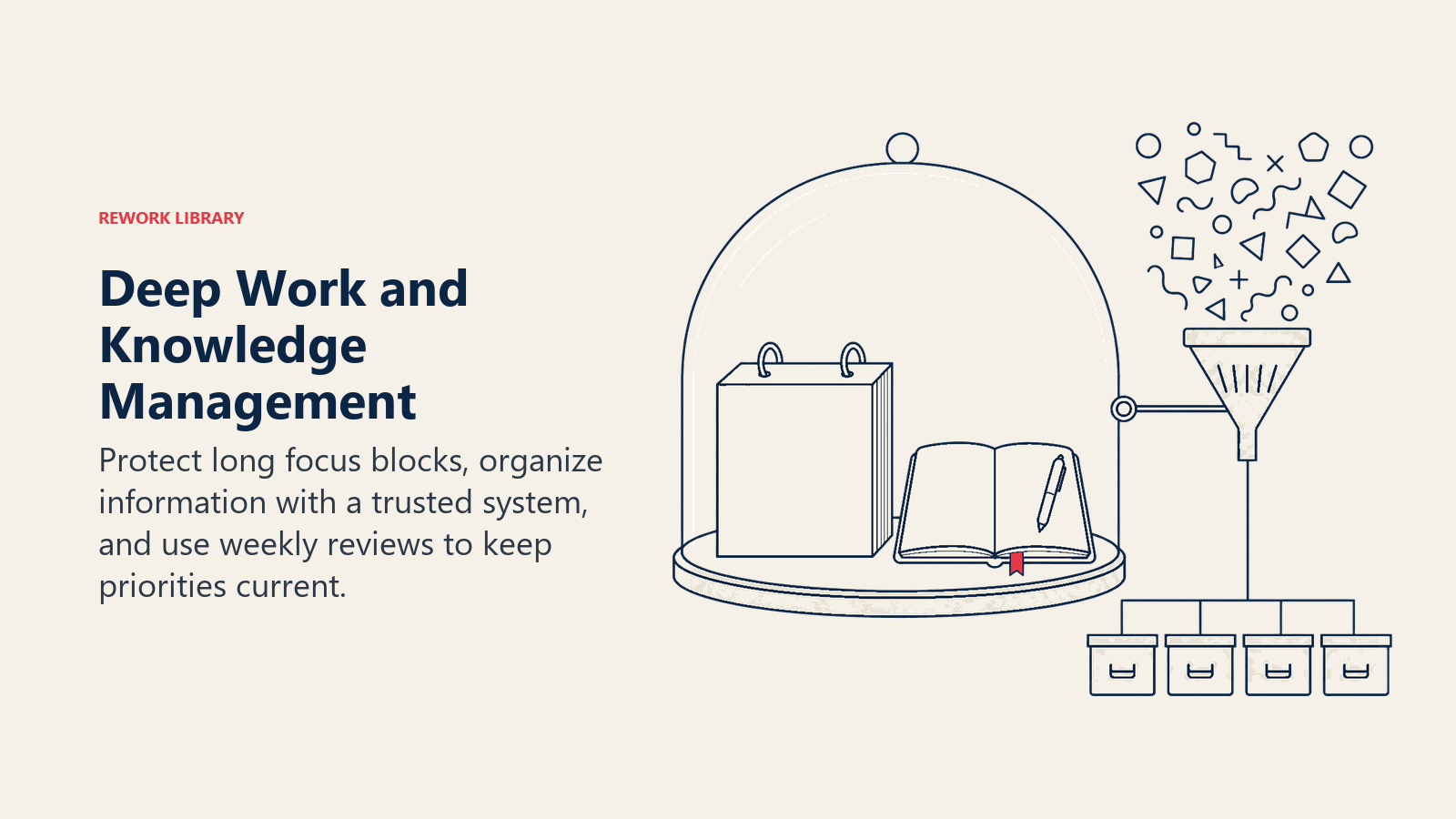 Deep work and knowledge management visual with a protected focus block and filtered information archive