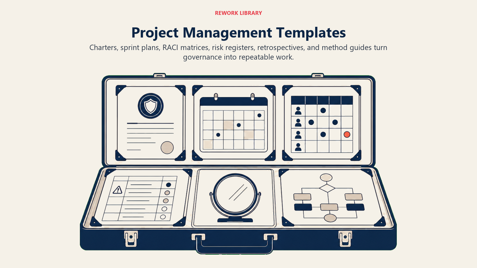 Project management template toolkit with charter, sprint plan, RACI, risk register, retrospective, and method guide