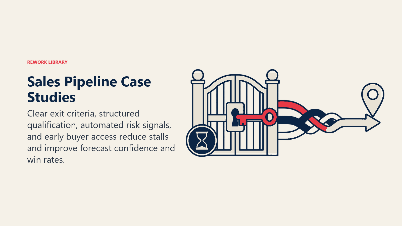 Sales pipeline case studies visual with a buyer key opening a stalled stage gate and strengthening deal relationships